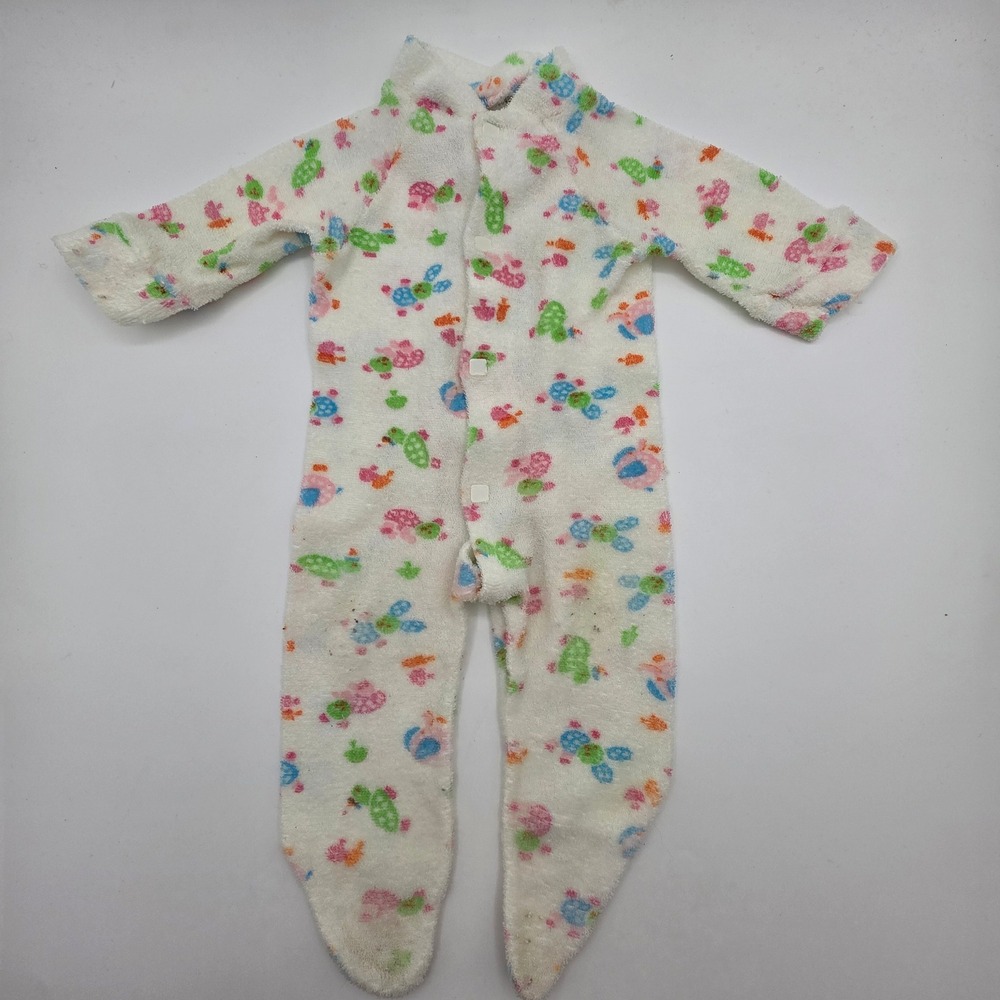 Vintage Terry Cloth Footed Sleeper White Multi Turtle Print Snap Front Small